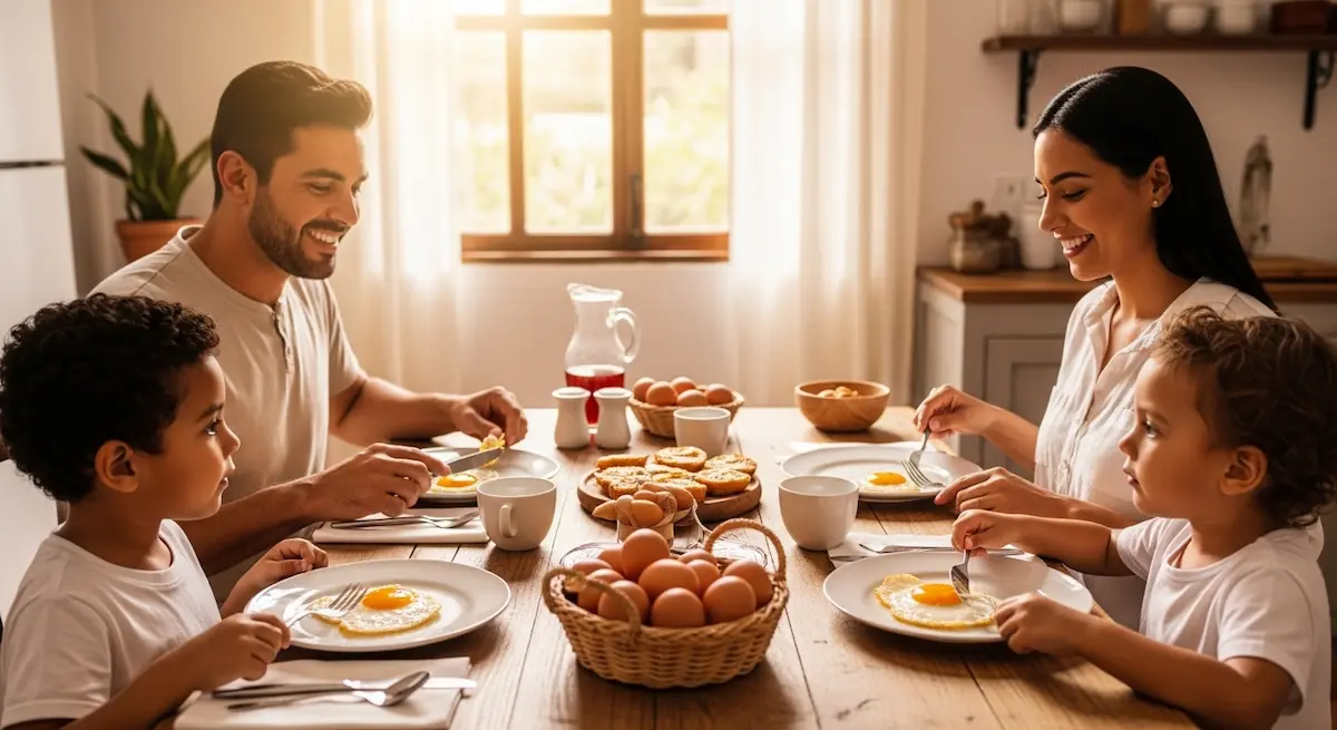 Familia colombiana desayunando huevos Don Cipriano