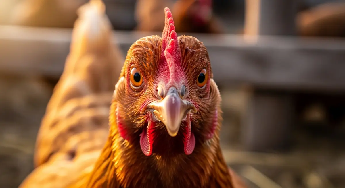 Gallina mirando fijamente a la cámara, closeup