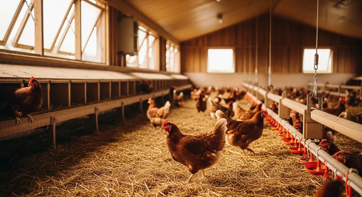 Gallinas en galpón amplio sin jaulas, con luz natural