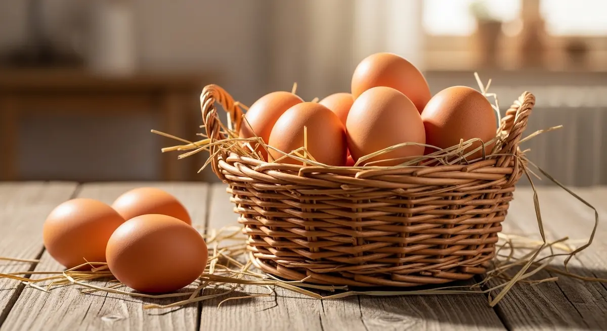 Huevos cafés frescos en canasta de mimbre