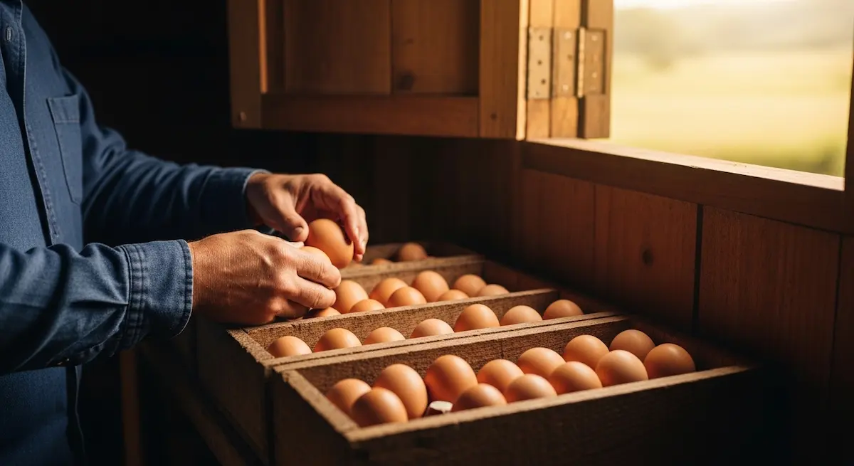 Manos recolectando huevos frescos